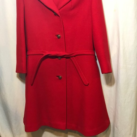 Vintage Woman's Bright Red Peacoat Jacket GUC Retro Pleated Skirt Attached Belt - Picture 3 of 10